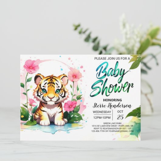 Oerwoud bloesems tijger Baby shower Kaart (Staand voorkant)