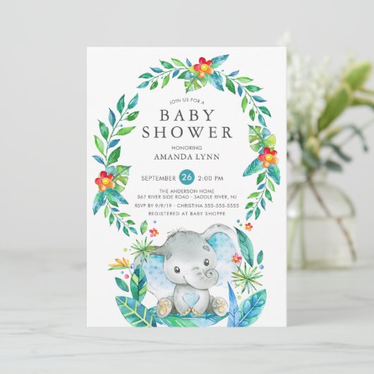 Oerwoud Blue Elephant Boy Baby shower Kaart (Staand voorkant)