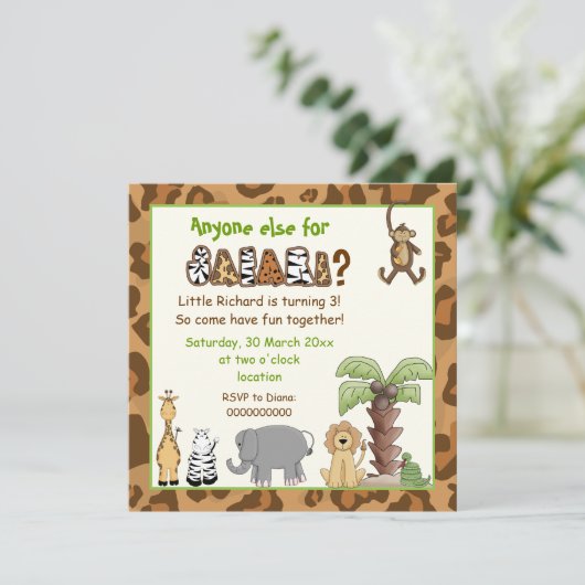 Oerwoud bruin safari kids verjaardagsfeestje kaart (Staand voorkant)