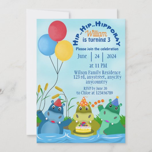 Oerwoud Cartoon Hippopotamus Verjaardagsuitnodigin Kaart (Voorkant)