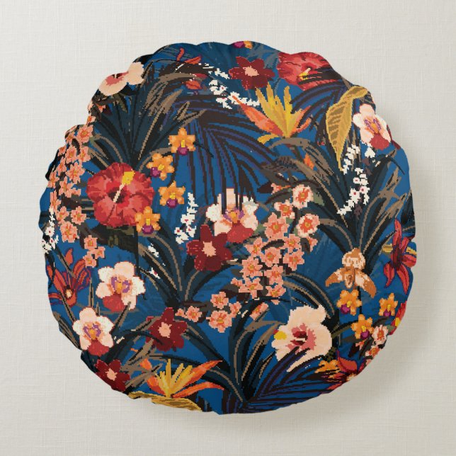 Oerwoud Chic: donkerblauw exotisch. Rond Kussen (Voorkant)