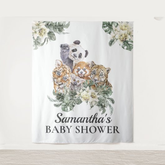 Oerwoud Cute Animals Monogram Tropisch Baby shower Wandkleed (Voorkant)