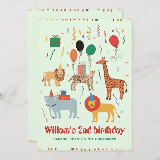 Oerwoud Dier 2e verjaardag Uitnodiging (Voorkant / Achterkant)