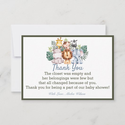 Oerwoud Dier Baby shower Partij Dank u kaart (Voorkant)