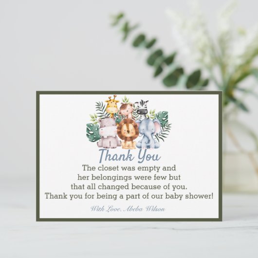 Oerwoud Dier Baby shower Partij Dank u kaart (Staand voorkant)