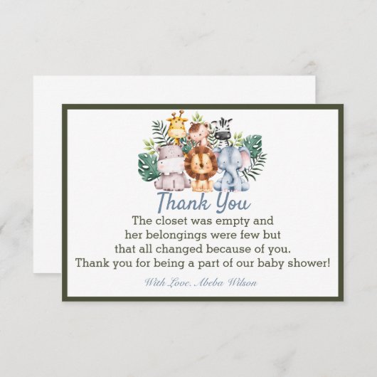 Oerwoud Dier Baby shower Partij Dank u kaart (Voorkant / Achterkant)