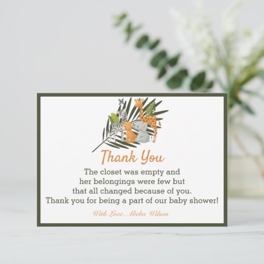 Oerwoud Dier Baby shower Partij Dank u kaart (Staand voorkant)