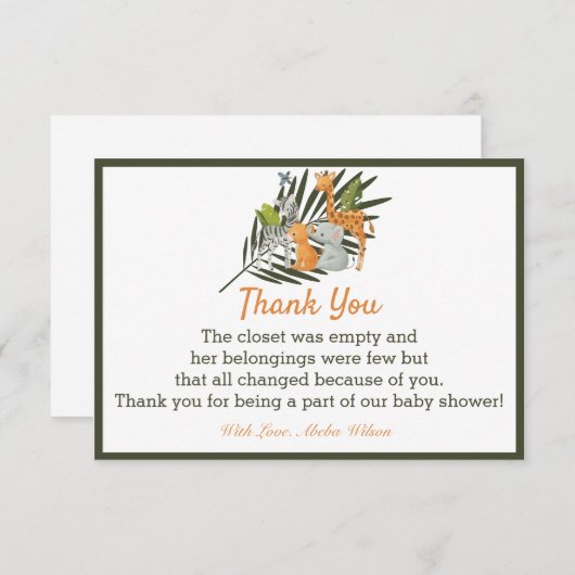 Oerwoud Dier Baby shower Partij Dank u kaart (Voorkant / Achterkant)