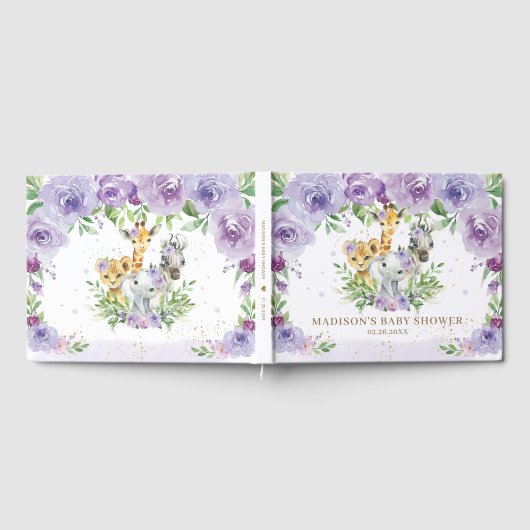 Oerwoud Dier Chic Paarse Bloemen Baby shower Gastenboek (Volledig)