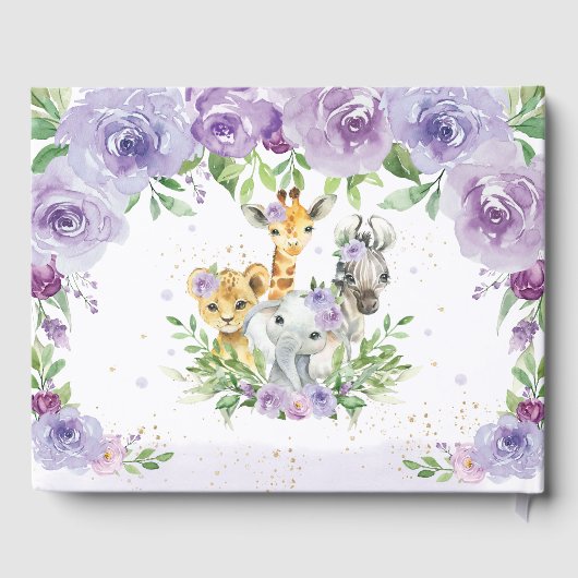 Oerwoud Dier Chic Paarse Bloemen Baby shower Gastenboek (Achterkant)