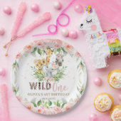 Oerwoud Dier Roze Bloemen Wild Een 1e Verjaardag Papieren Bordje (Feest)