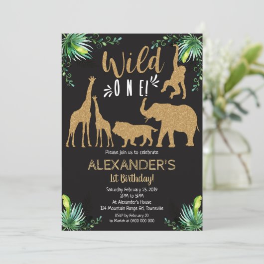 Oerwoud Dier Wilde 1 1e verjaardag Uitnodiging (Staand voorkant)