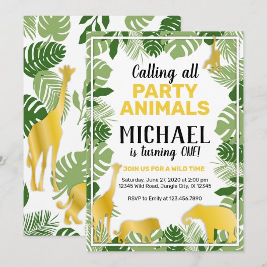 Oerwoud Dieren 1e verjaardag Uitnodiging (Voorkant / Achterkant)