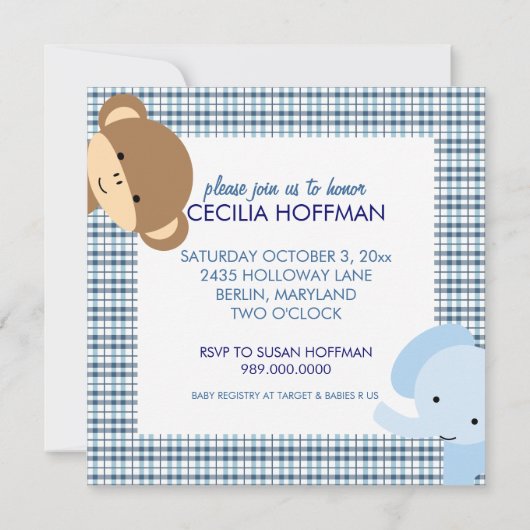 Oerwoud Dieren Baby Boy Shower Invitations Kaart (Achterkant)