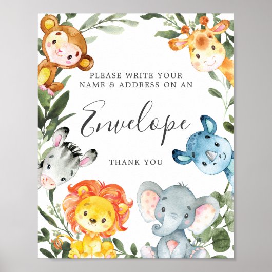 Oerwoud Dieren Baby shower Adres Envelopteken Poster (Voorkant)