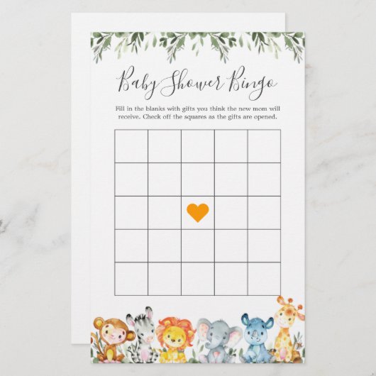 Oerwoud Dieren Baby shower Bingo Game (Voorkant / Achterkant)