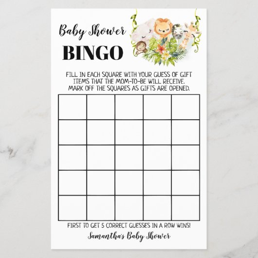 Oerwoud Dieren Baby shower Bingo Game Kaart (Voorkant)