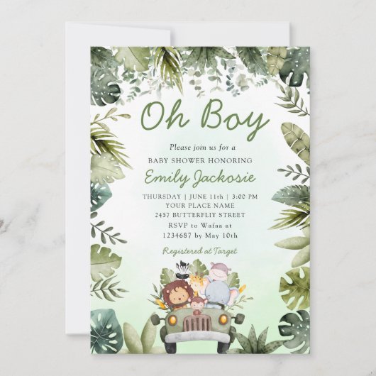 Oerwoud Dieren Baby shower Greenery Safari Boy Kaart (Voorkant)
