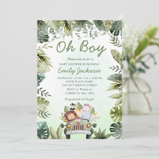 Oerwoud Dieren Baby shower Greenery Safari Boy Kaart (Staand voorkant)