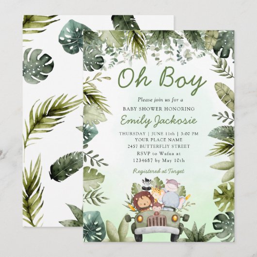 Oerwoud Dieren Baby shower Greenery Safari Boy Kaart (Voorkant / Achterkant)