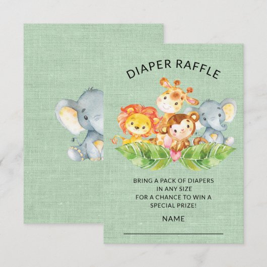 Oerwoud Dieren Baby shower Luier Raffle Ticket Kaart (Voorkant / Achterkant)