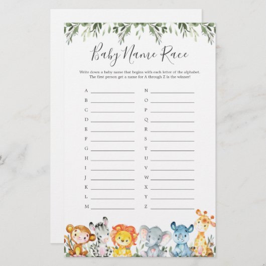 Oerwoud Dieren Baby shower Naam Race Game (Voorkant / Achterkant)