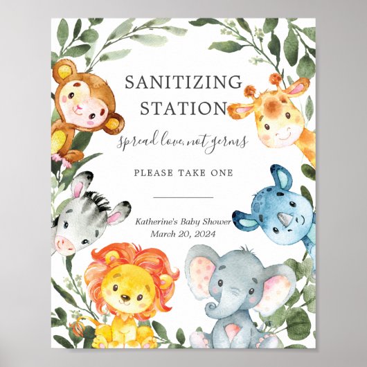 Oerwoud Dieren Baby shower Sanitizing Station Sign Poster (Voorkant)