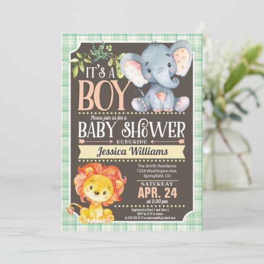 Oerwoud Dieren Baby shower Uitnodiging Jongen (Staand voorkant)