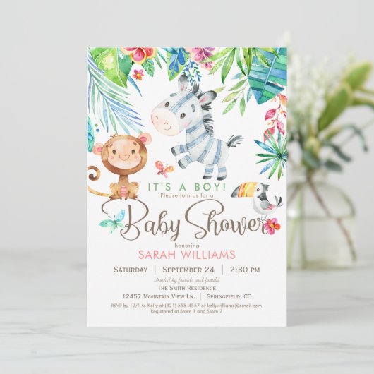 Oerwoud Dieren Baby shower Uitnodiging, Jongen of  Kaart (Staand voorkant)
