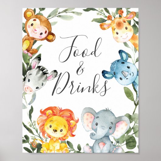 Oerwoud Dieren Baby shower Voedsel- en Drinken Ond Poster (Voorkant)