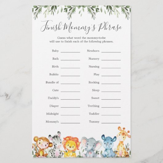 Oerwoud Dieren Baby shower Voltooi de zin van mama (Voorkant)
