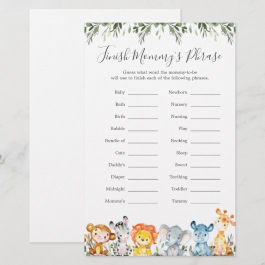 Oerwoud Dieren Baby shower Voltooi de zin van mama (Voorkant / Achterkant)