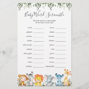 Oerwoud Dieren Baby shower Word Scramble Game