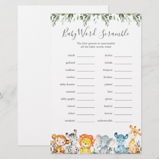 Oerwoud Dieren Baby shower Word Scramble Game (Voorkant / Achterkant)
