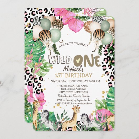 Oerwoud Dieren Ballonnen Bladeren 1e Verjaardag Kaart (Voorkant / Achterkant)