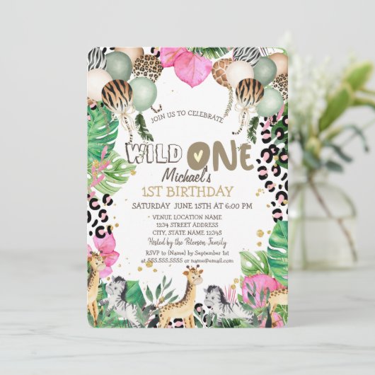 Oerwoud Dieren Ballonnen Bladeren 1e Verjaardag Kaart (Staand voorkant)