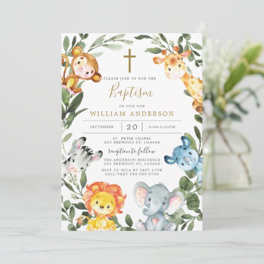 Oerwoud dieren Baptism/Christening uitnodiging (Staand voorkant)