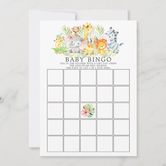 Oerwoud Dieren BINGO Baby shower Game Kaart (Voorkant)