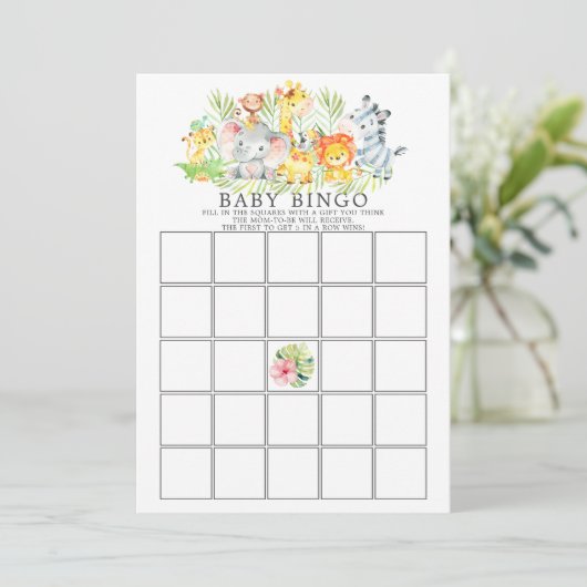 Oerwoud Dieren BINGO Baby shower Game Kaart (Staand voorkant)