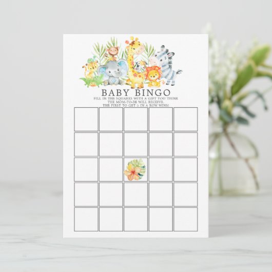 Oerwoud Dieren BINGO Baby shower Game Kaart (Staand voorkant)