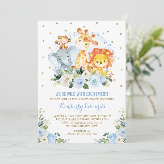 Oerwoud dieren Blue Gold Floral Safari Baby shower Kaart (Staand voorkant)