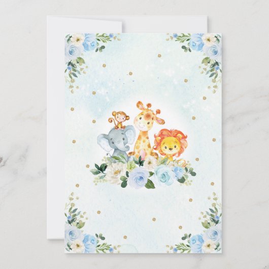 Oerwoud dieren Blue Gold Floral Safari Baby shower Kaart (Achterkant)