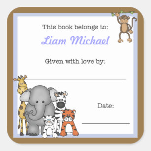 Oerwoud Dieren Boek Bord Blauw Jongen BOOKPLATE Vierkante Sticker