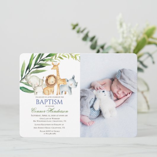 Oerwoud Dieren Doop Fotouitnodiging Kaart (Staand voorkant)