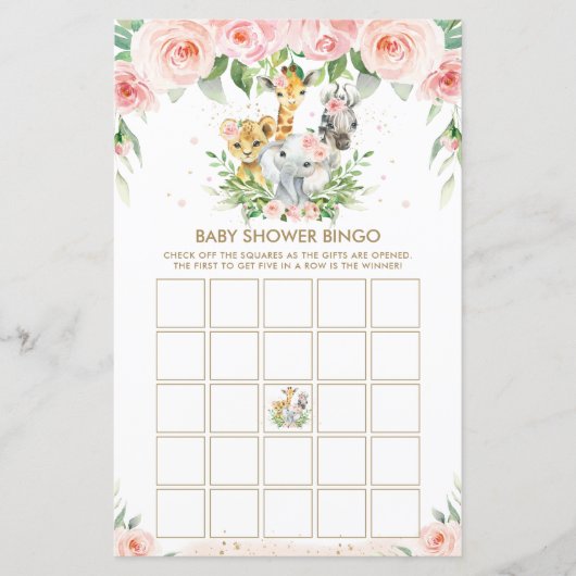 Oerwoud Dieren Floral Baby shower Bingo Game (Voorkant)