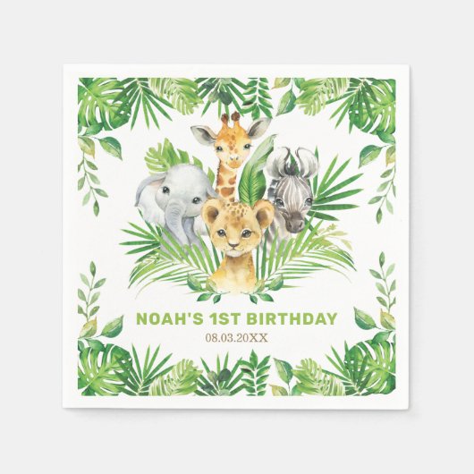 Oerwoud Dieren Greenery Lion Zebra Birthday Party Servet (Voorkant)