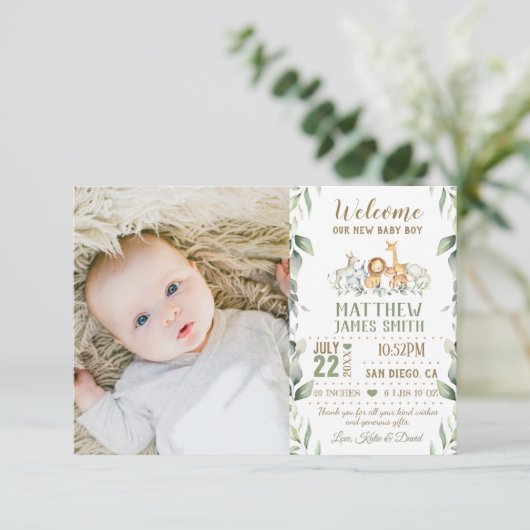 Oerwoud Dieren Greenery New Baby Boy Foto geboorte Aankondiging (Staand voorkant)