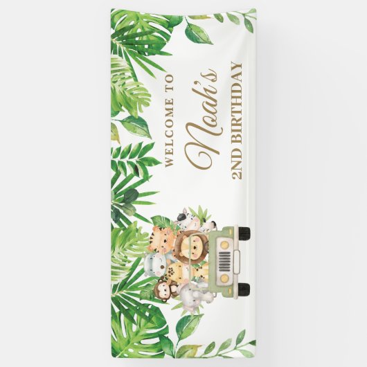 Oerwoud Dieren Greenery Safari Car Party Achtergro Spandoek (Verticaal)