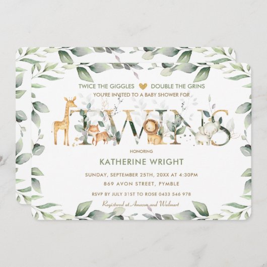 Oerwoud Dieren Greenery Twins Neutral Baby shower Kaart (Voorkant / Achterkant)
