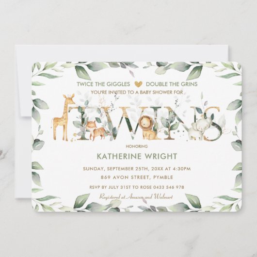 Oerwoud Dieren Greenery Twins Neutral Baby shower Kaart (Voorkant)